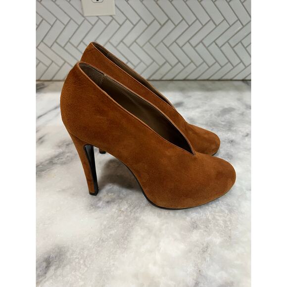 Hermès Paris Suede High Heel Pumps Size 38 Brown V Cut Almond Toe Made in Italy - Picture 1 of 11